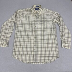 Sir Pendleton Mens Large Long Worsted Wool Plaid Button Down Shirt Tan Brown